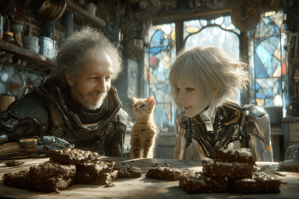 An elderly man and a humanoid robot, both smiling, are sitting at a table in a cozy, cluttered workshop. A small kitten is playfully positioned between them, with a plate of baked goods in the foreground, all surrounded by colorful stained glass windows.