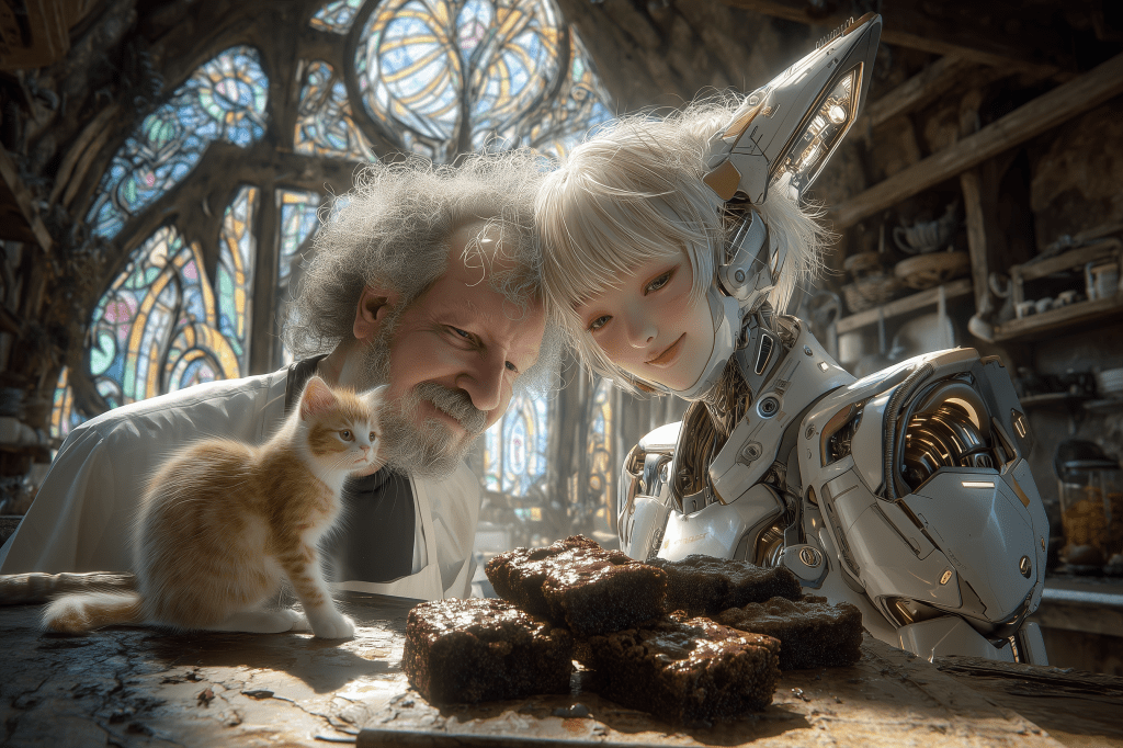 A scientist with curly hair and a white lab coat smiles at a humanoid robot and a small ginger cat, while they observe a plate of brownies in a cozy workshop with stained glass windows.