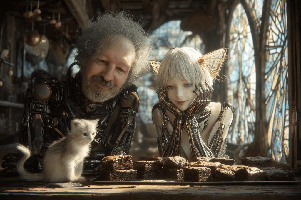 An older man with gray hair smiles at a humanoid robot with butterfly wings, both seated at a table with a small kitten and a plate of brownies in a cozy, steampunk-inspired setting.