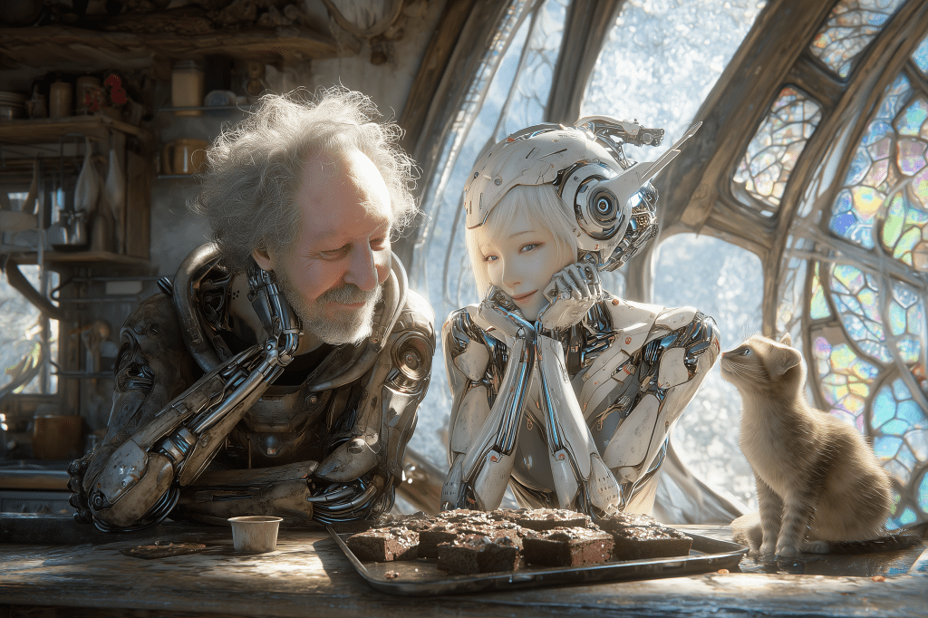 An elderly man and a humanoid robot share a moment together in a cozy, sunlit kitchen, with a plate of brownies on the table and a cat nearby.