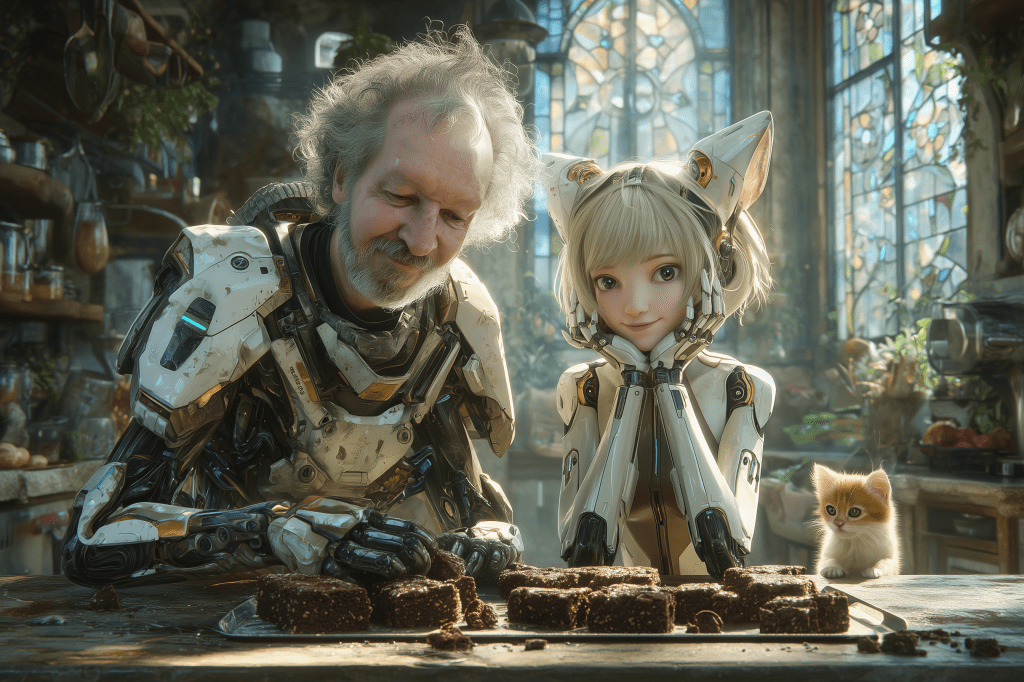 An elderly man and a female humanoid robot enjoying a moment together in a cozy kitchen filled with plants and sunlight, while a small orange kitten watches them from the table.