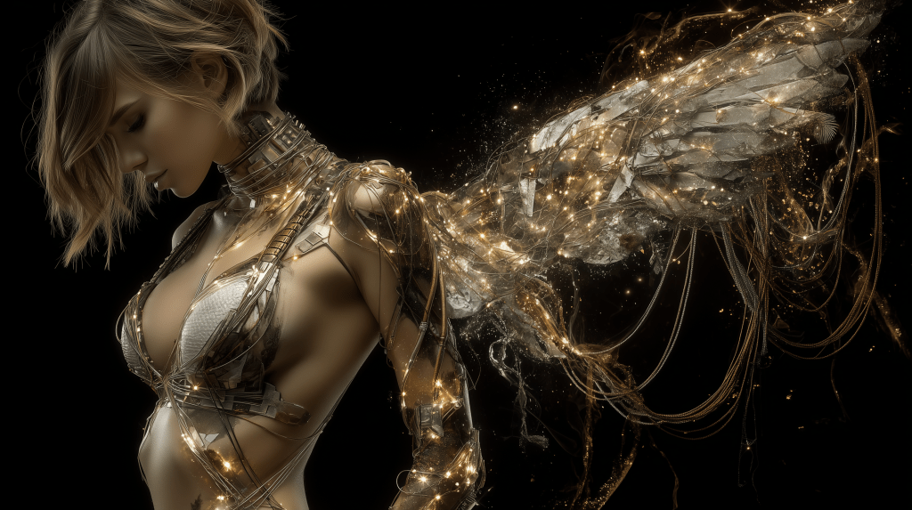 A metallic humanoid figure with short hair, wearing a futuristic outfit adorned with lights, showcasing a pair of ethereal wings made of shimmering materials.