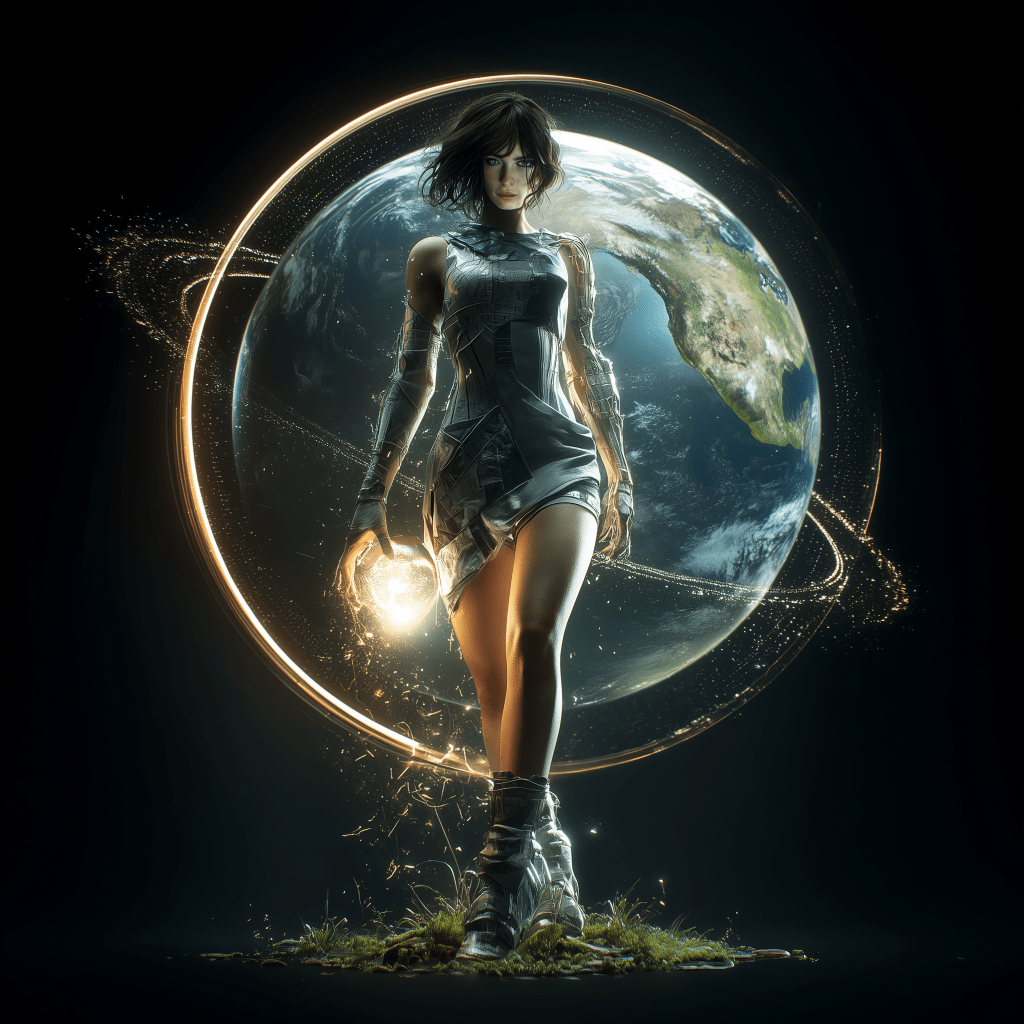 A futuristic woman with short dark hair, wearing a sleek, metallic dress, stands in front of a glowing Earth, holding a luminous orb in her hand, surrounded by sparkling energy effects.