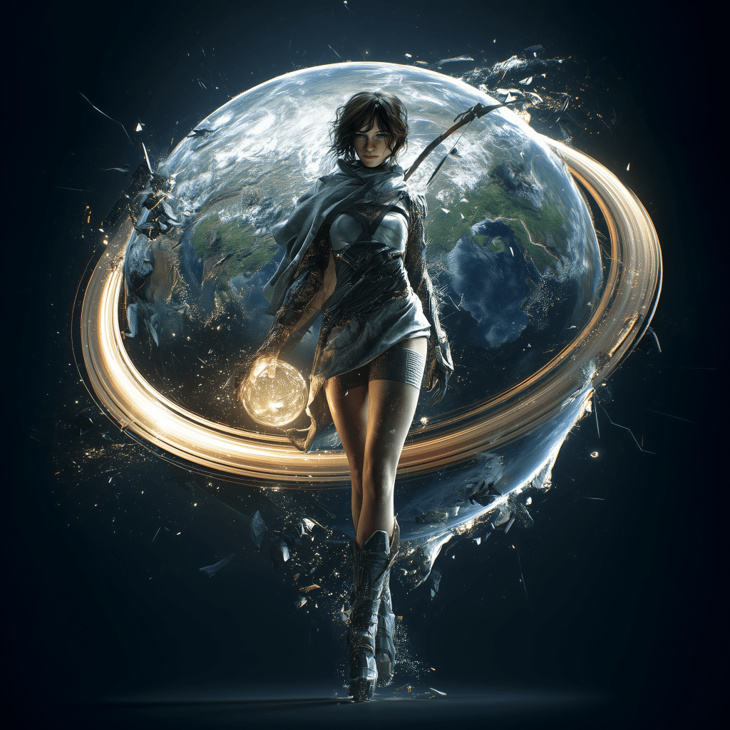 A digital artwork featuring a female figure standing in front of a stylized Earth, holding a glowing orb. The figure is wearing a short, futuristic outfit with a cloak, surrounded by an ethereal, swirling ring.