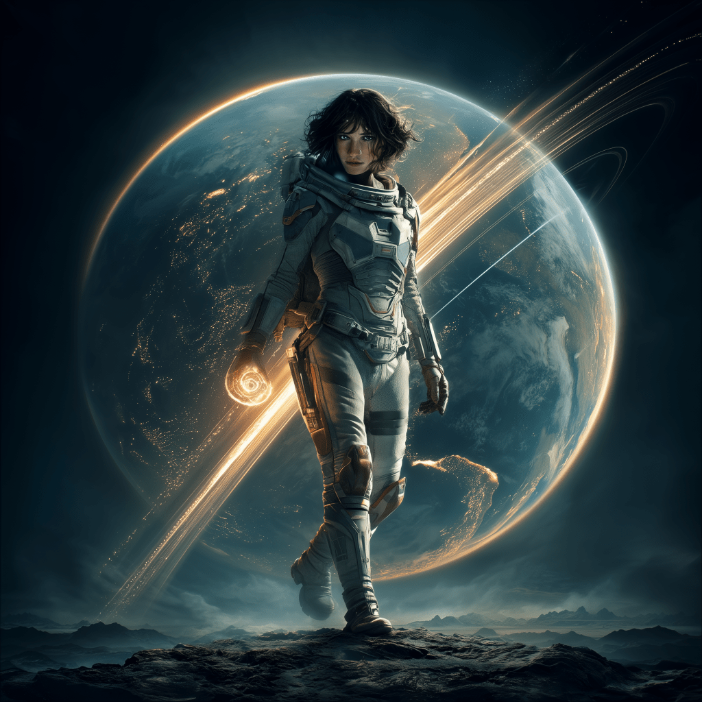 An astronaut in a futuristic space suit stands on rocky terrain, with a glowing orb in one hand. Behind them is a large planet with rings and a starry sky.