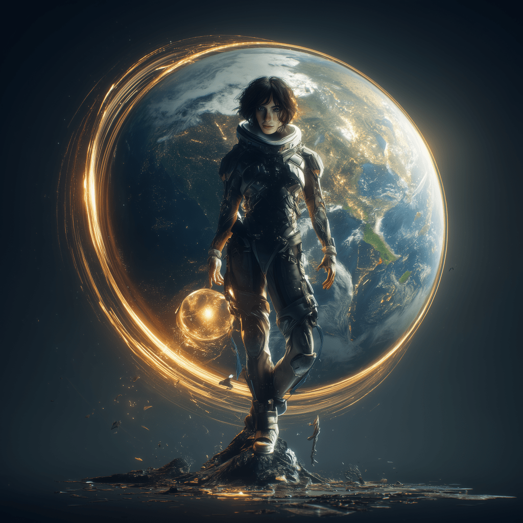 A futuristic figure in a space suit stands on a rocky surface, holding a glowing orb, with a large view of Earth in the background surrounded by a shimmering energy ring.