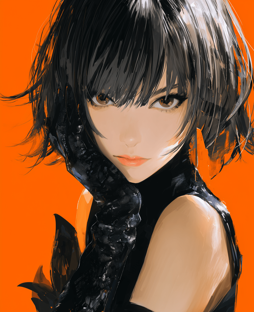 A close-up portrait of a woman with short black hair and striking eyes, wearing a black glove and set against a vibrant orange background.