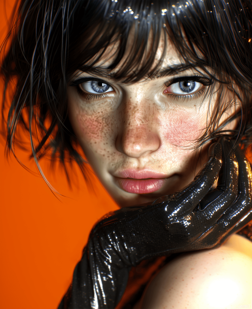 Close-up portrait of a person with short, dark hair and striking blue eyes, wearing a shiny black glove and touching their face, set against an orange background.