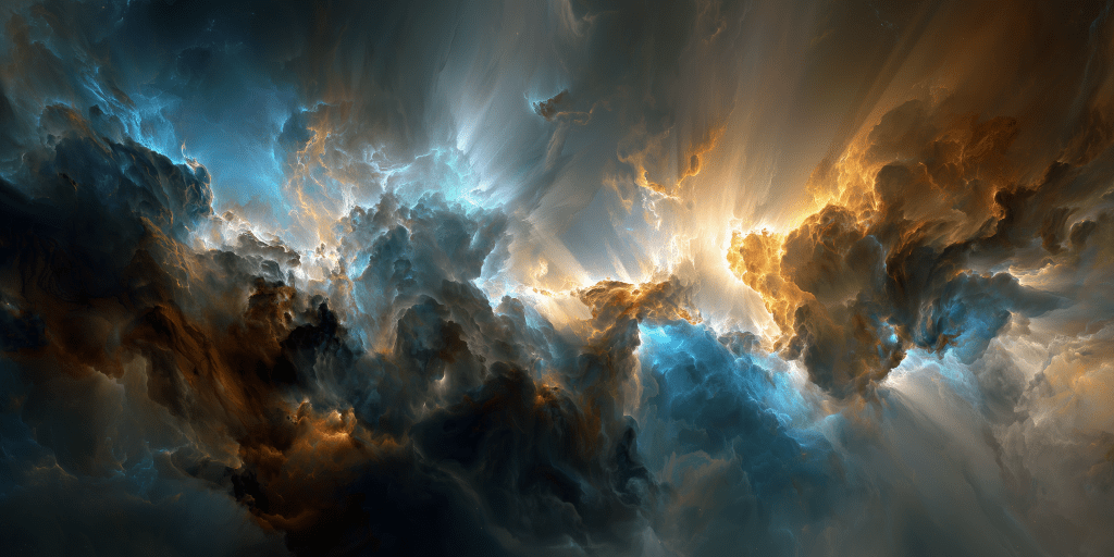 A dramatic cosmic scene featuring swirling clouds of blue, orange, and brown with beams of light emerging, creating a vivid display of color and texture.