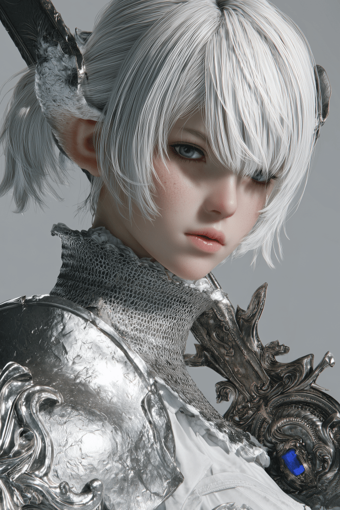 Close-up of a fantasy character with short white hair and pointed ears, wearing intricate silver armor and a decorative shoulder piece, gazing directly at the viewer.