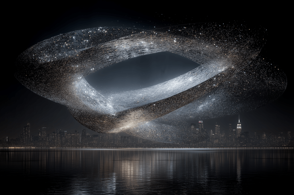 A futuristic, swirling structure made of stars and light above a city skyline at night, reflecting on a body of water.