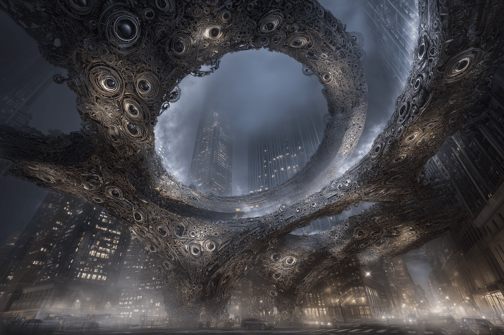 A futuristic urban scene featuring intricate, metallic structures resembling intertwined rings above a city street, with skyscrapers shrouded in mist.