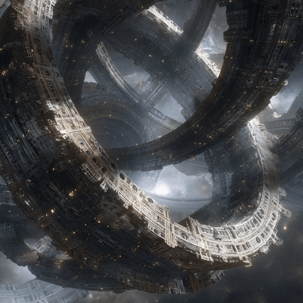 A surreal 3D rendering of intricate interconnected rings, featuring complex structures and glowing elements against a starry backdrop.
