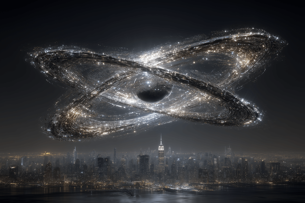 A digital artwork depicting a cosmic scene with a large, luminous structure resembling rings around a central black sphere, floating above a city skyline at night.