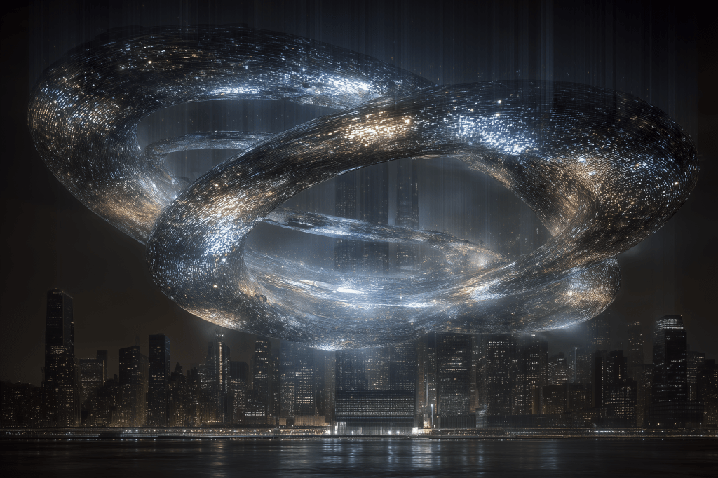 A futuristic, metallic structure resembling intertwined rings, illuminated with shimmering lights, suspended over a city skyline at night.