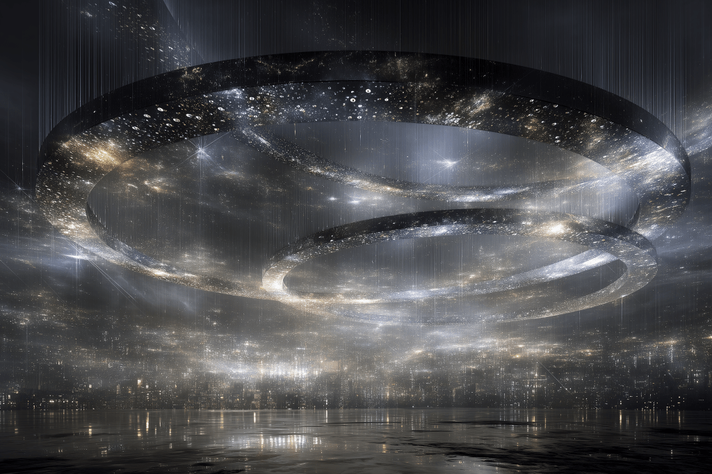 A surreal cosmic landscape featuring large, intertwined rings floating in a starry atmosphere with shimmering lights and cascading beams of light.