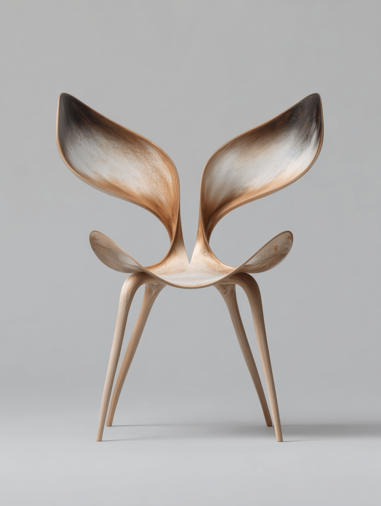 A modern wooden chair with an artistic design featuring curved backrests resembling butterfly wings, set against a plain grey background.