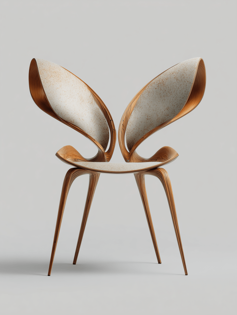 A modern chair featuring a unique design with butterfly-shaped backrests made of wood and a comfortable padded seat.