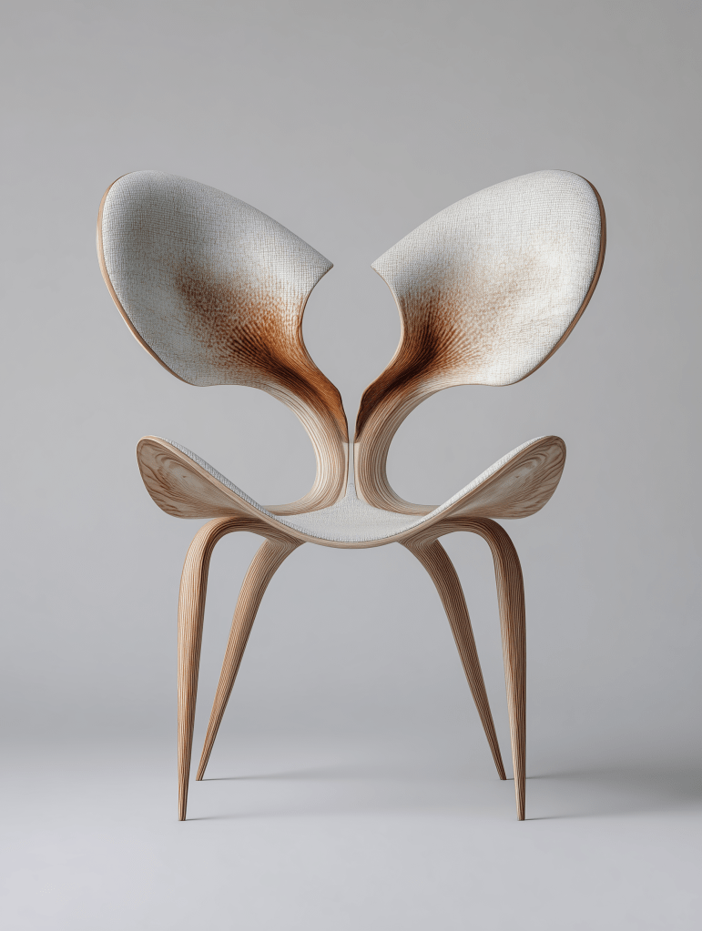 A modern, artistic chair featuring a sculptural design with a light wooden frame and unique, curved backrest.