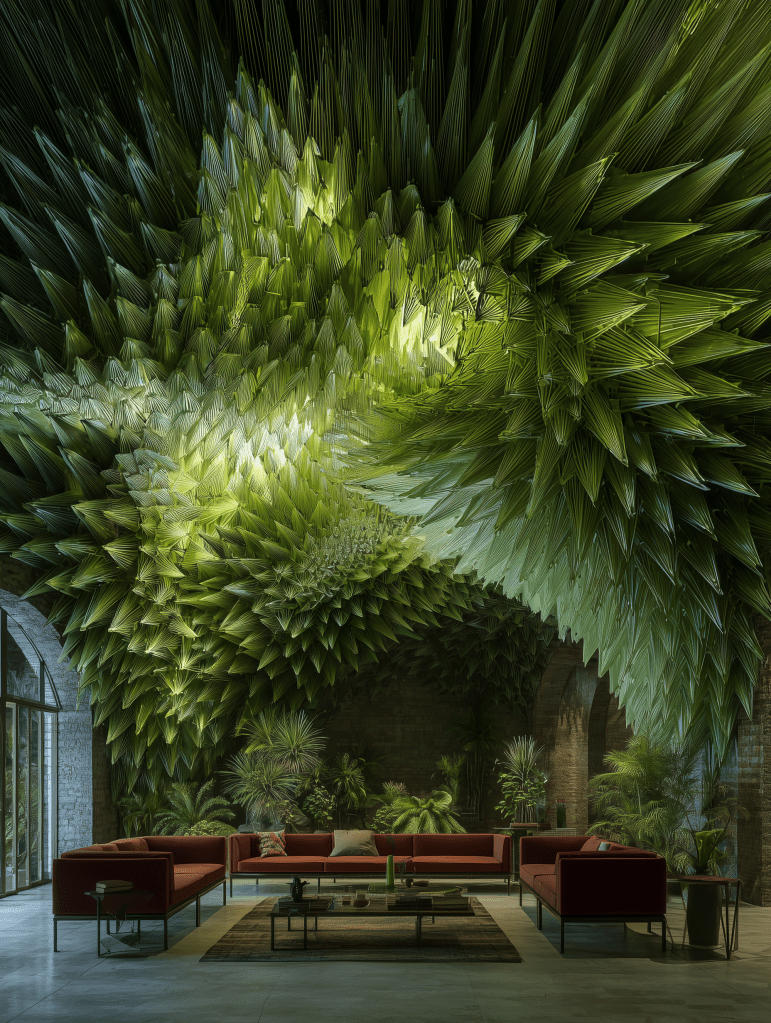 A modern interior featuring a striking green leaf-inspired ceiling, with a cozy seating area furnished with red sofas and a coffee table, surrounded by lush plants.