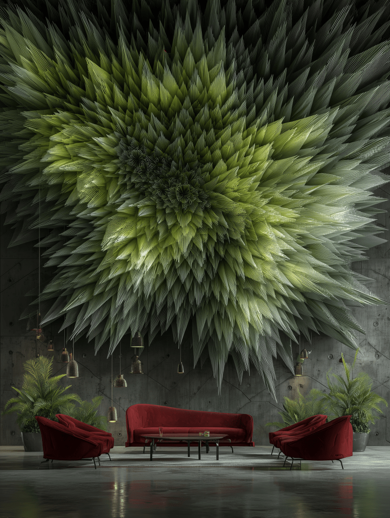 A modern living room featuring a striking green geometric wall art piece, complemented by red velvet sofas and armchairs, alongside potted plants and stylish hanging lights in a contemporary setting.