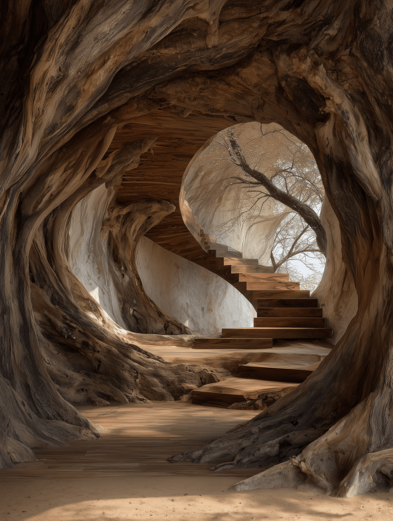 A winding wooden staircase inside a large, gnarled tree trunk, leading upward through a natural, cavernous space with textured walls and a serene view of branches in the background.