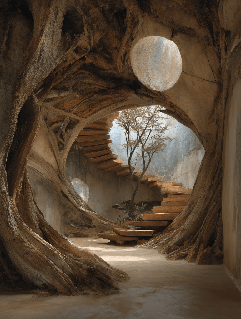 An artistic interior space featuring a spiral wooden staircase surrounded by natural elements, including tree-like structures and a small tree, illuminated by soft light filtering through circular openings.