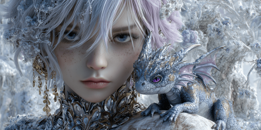A close-up of a young woman with pale hair and freckles, adorned in intricate icy-themed accessories, gazing intensely at the viewer, alongside a small, whimsical dragon with purple eyes perched on her shoulder.