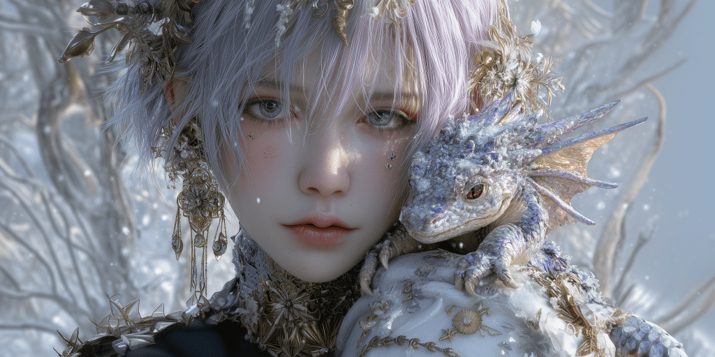 A close-up portrait of a young woman with short, light purple hair adorned with intricate, nature-inspired accessories. She is gazing directly at the viewer, with a small, blue-scaled dragon resting on her shoulder, surrounded by a soft, ethereal background.