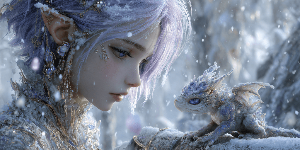 A serene close-up of a young woman with light purple hair and intricate jewelry, gazing at a small, blue dragon-like creature amidst a snowy landscape.