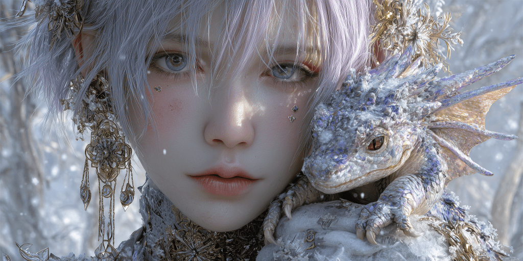 A close-up portrait of a young girl with pale hair and intricate jewelry, standing beside a small, frost-covered dragon with blue and purple accents. The scene is set in a snowy landscape, adding to the mystical atmosphere.