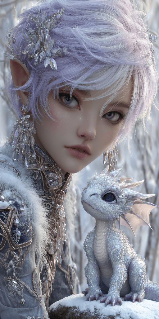 A fantasy character with elven features, silver hair adorned with crystals, gazes intently alongside a small, delicate dragon in a snowy forest setting.