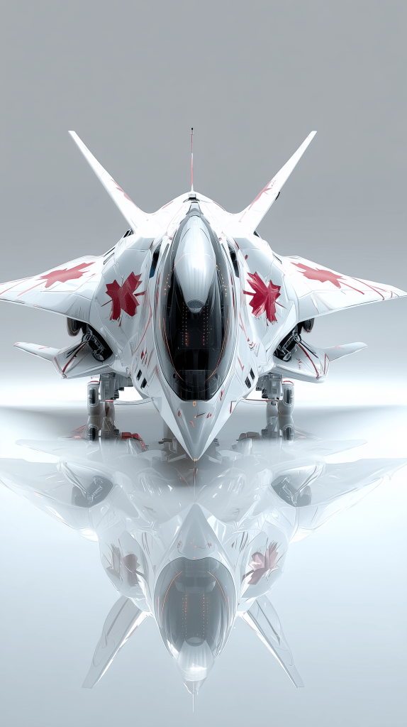 Futuristic jet fighter with a sleek white design and red accents, showcasing a front view reflecting on a smooth surface.