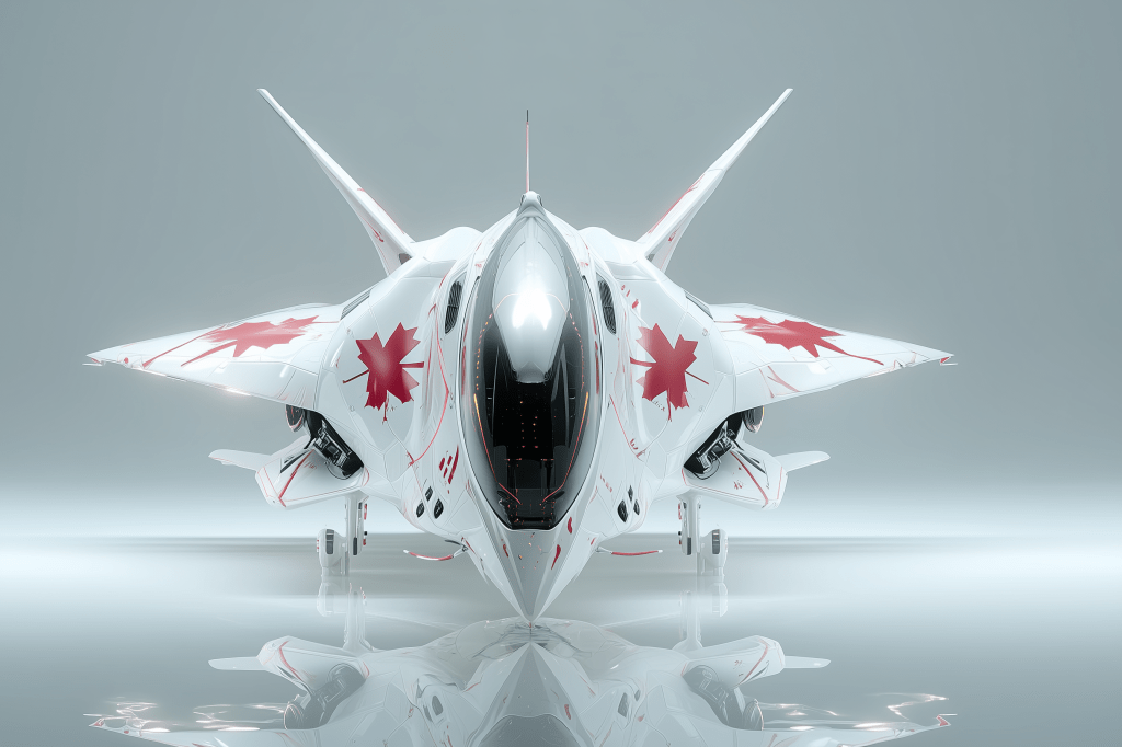 A futuristic jet design featuring a sleek white exterior adorned with red maple leaf patterns, displayed from the front against a neutral background.