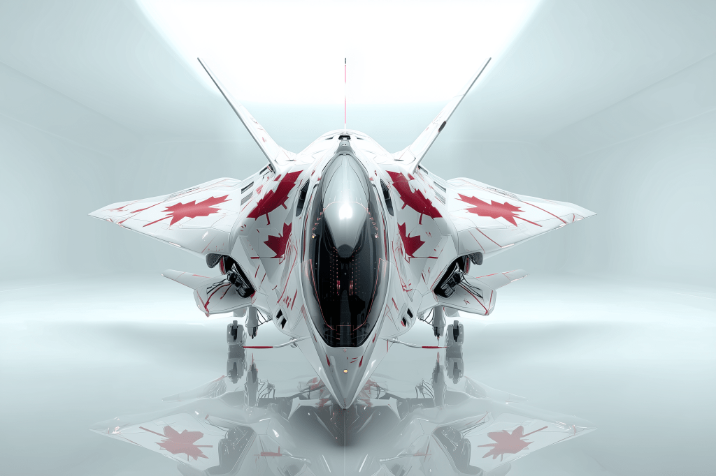 A futuristic fighter jet featuring a white body adorned with red maple leaf patterns, displayed in a sleek, minimalist environment with bright lighting.