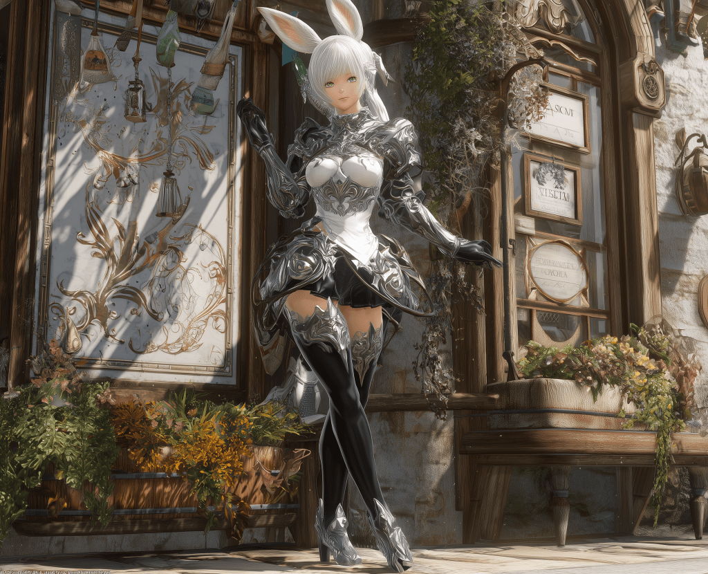 A fantasy character with bunny ears wearing ornate armor, posing playfully in front of a charming shop with decorative elements and plants.