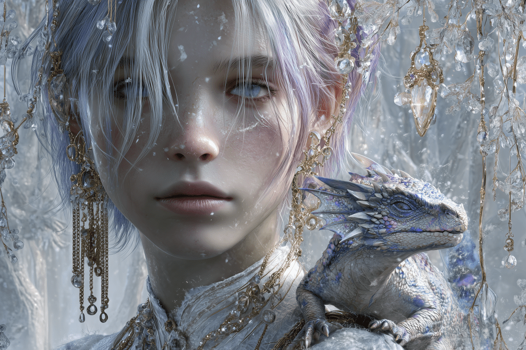 A close-up portrait of a young person with light hair adorned in intricate jewelry, gazing thoughtfully. They are accompanied by a small, detailed dragon resting on their shoulder, surrounded by a mystical, icy environment with sparkling crystals.