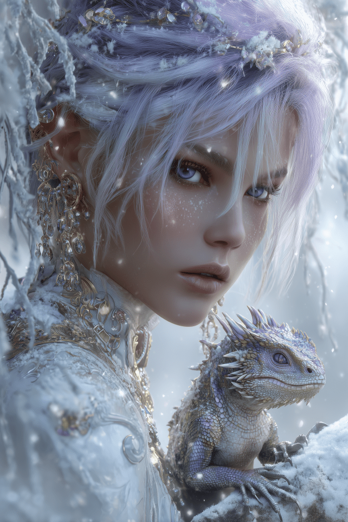 Portrait of a young woman with lavender hair and intricate jewelry, holding a small dragon while surrounded by snowy foliage.