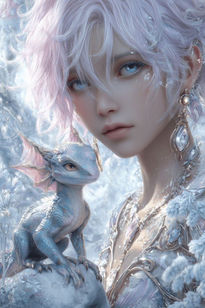 A close-up portrait of a young woman with silvery-pink hair and blue eyes, adorned with intricate jewelry, standing near a small blue dragon. The background features a snowy, fantasy landscape.