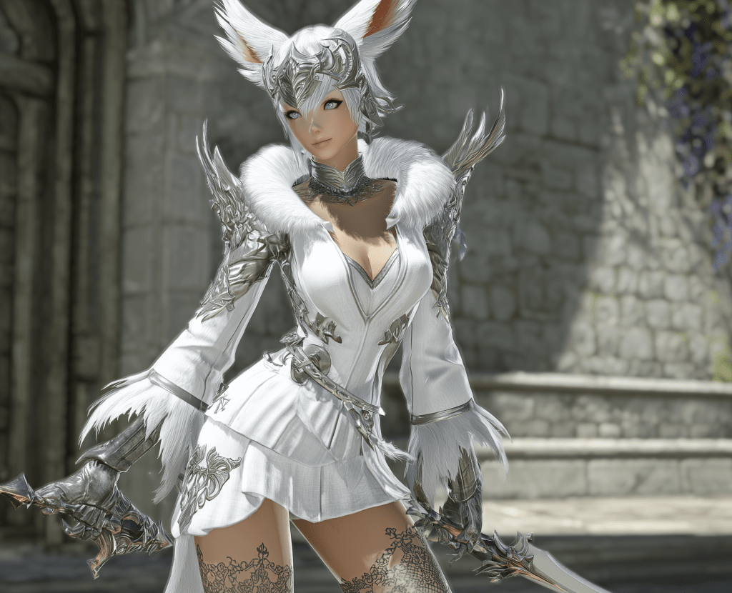 A fantasy character in a white outfit with fur accents and intricate armor, featuring cat-like ears and holding a sword, set against a medieval stone backdrop.