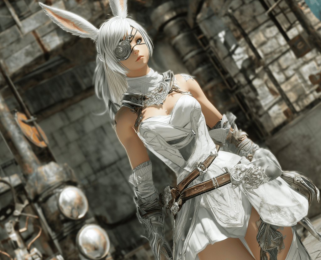 A character with bunny ears wearing a stylized white outfit, featuring intricate details and accessories, set against an industrial background.