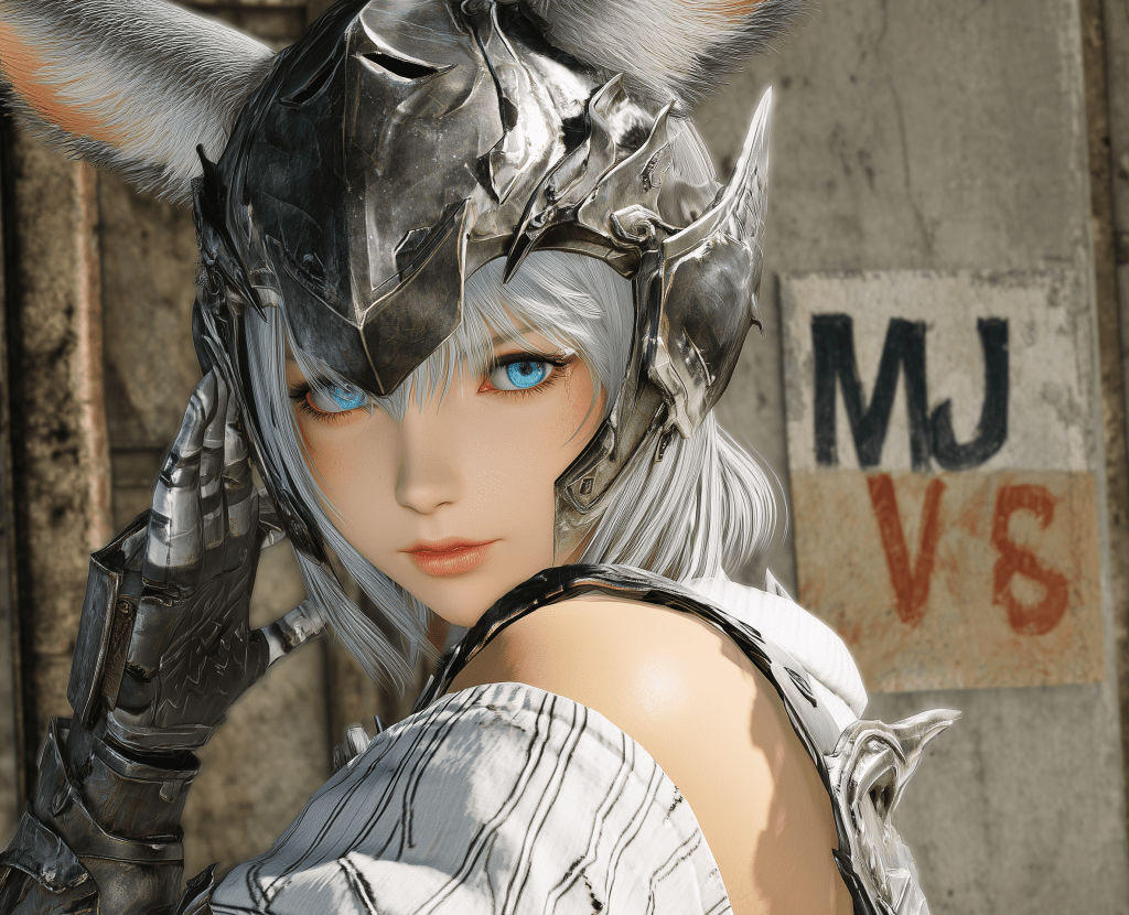 A close-up of a character with silver hair and striking blue eyes, wearing an ornate metal helmet and armor. The character has fox-like ears and is positioned against a textured background featuring the letters 'MJ' and 'VS'.