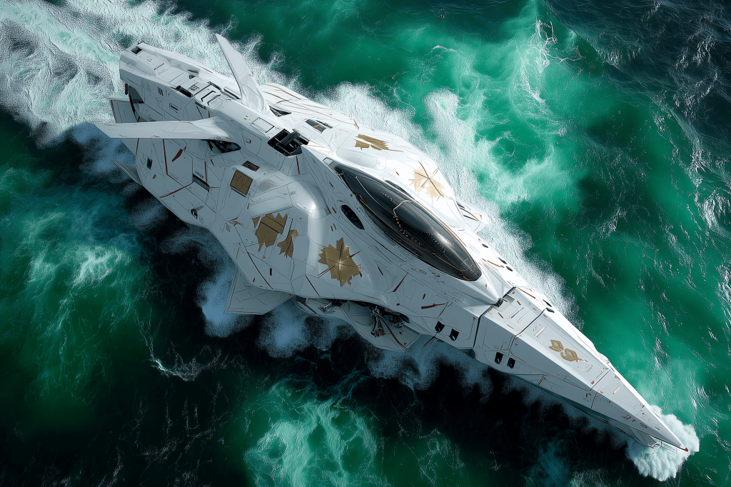 A futuristic white spaceship with gold accents gliding over vibrant teal ocean waters, leaving trails of waves behind.