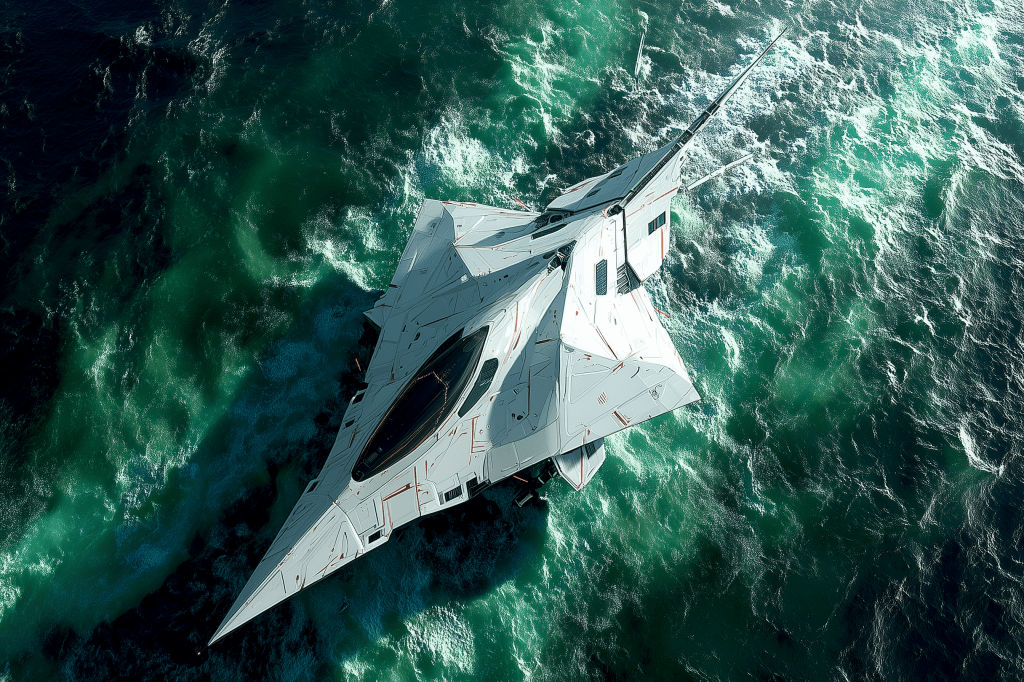A futuristic spacecraft flying over turbulent ocean waters, showcasing a sleek, angular design with a predominantly white exterior and subtle red accents.