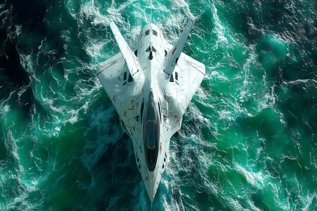 A futuristic spacecraft flying above turbulent ocean waters, showcasing a sleek design with sharp edges and a predominantly white exterior contrasted by intricate line details.