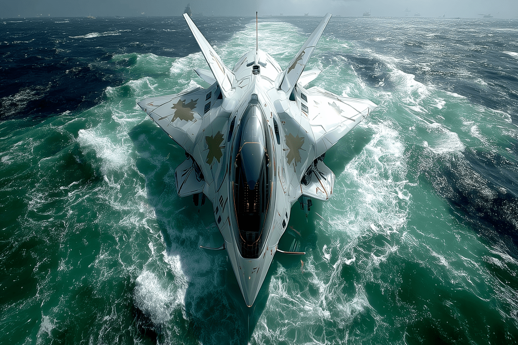 A futuristic, sleek aircraft gliding over turbulent ocean waters, showcasing an angular design and light-colored body with emblematic markings.