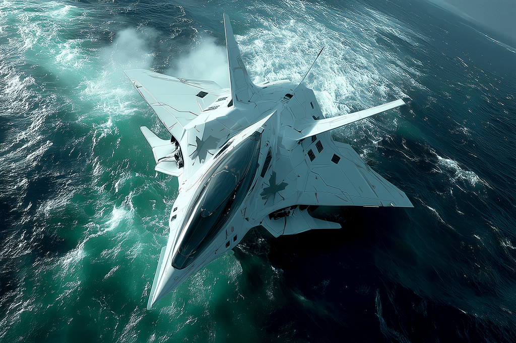 A futuristic fighter jet flying above ocean waters, showcasing sleek design and advanced aerodynamics with splashes of white foam around it.