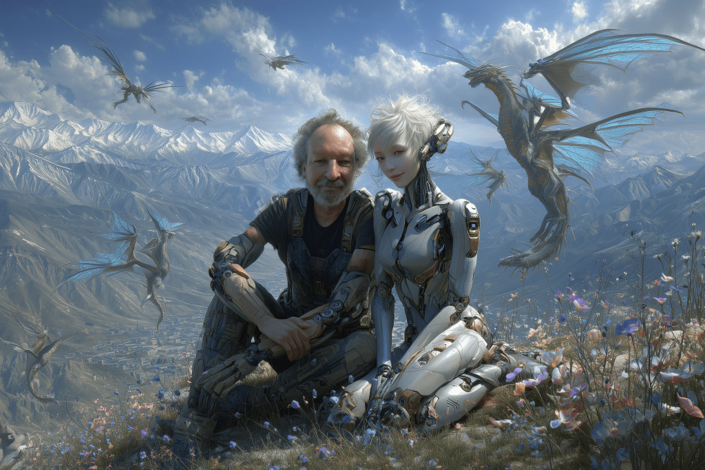 A humanoid robot and a man sitting together on a mountainside covered in flowers, with futuristic designs. Dragon-like creatures fly in the sky against a backdrop of snowy mountains.