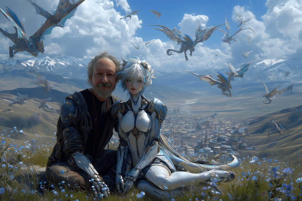 A person and a humanoid robot seated together in a scenic landscape filled with flowers, mountains, and flying dragons in the background.