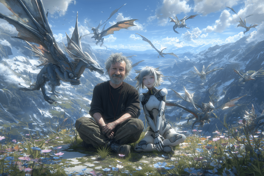 A man and a humanoid robot sitting together in a lush, flower-filled meadow, with mountains and a blue sky in the background. Several dragons fly overhead.
